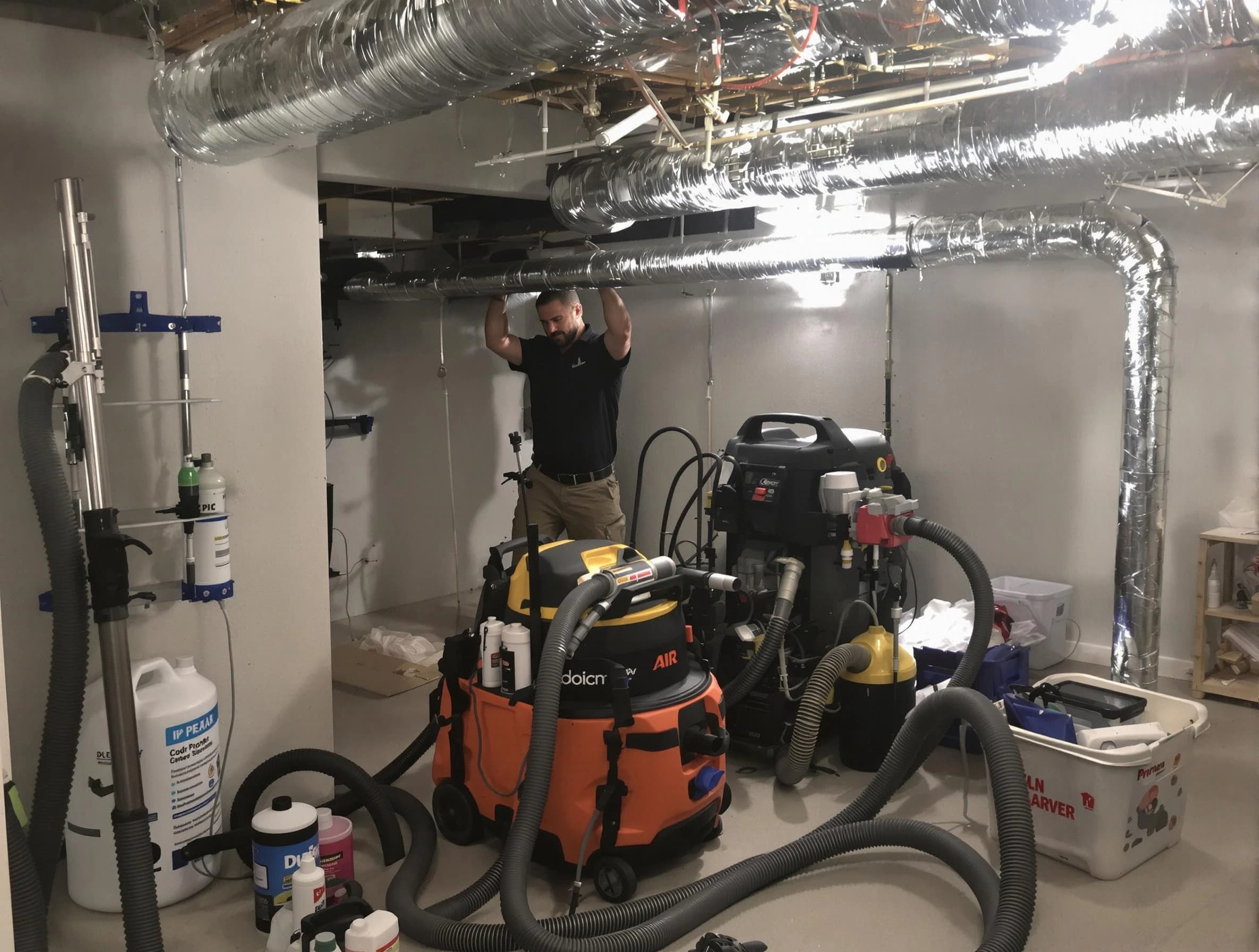 Huntington Beach Air Duct Cleaning specialist performing professional mold removal from air ducts using safety equipment in Huntington Beach