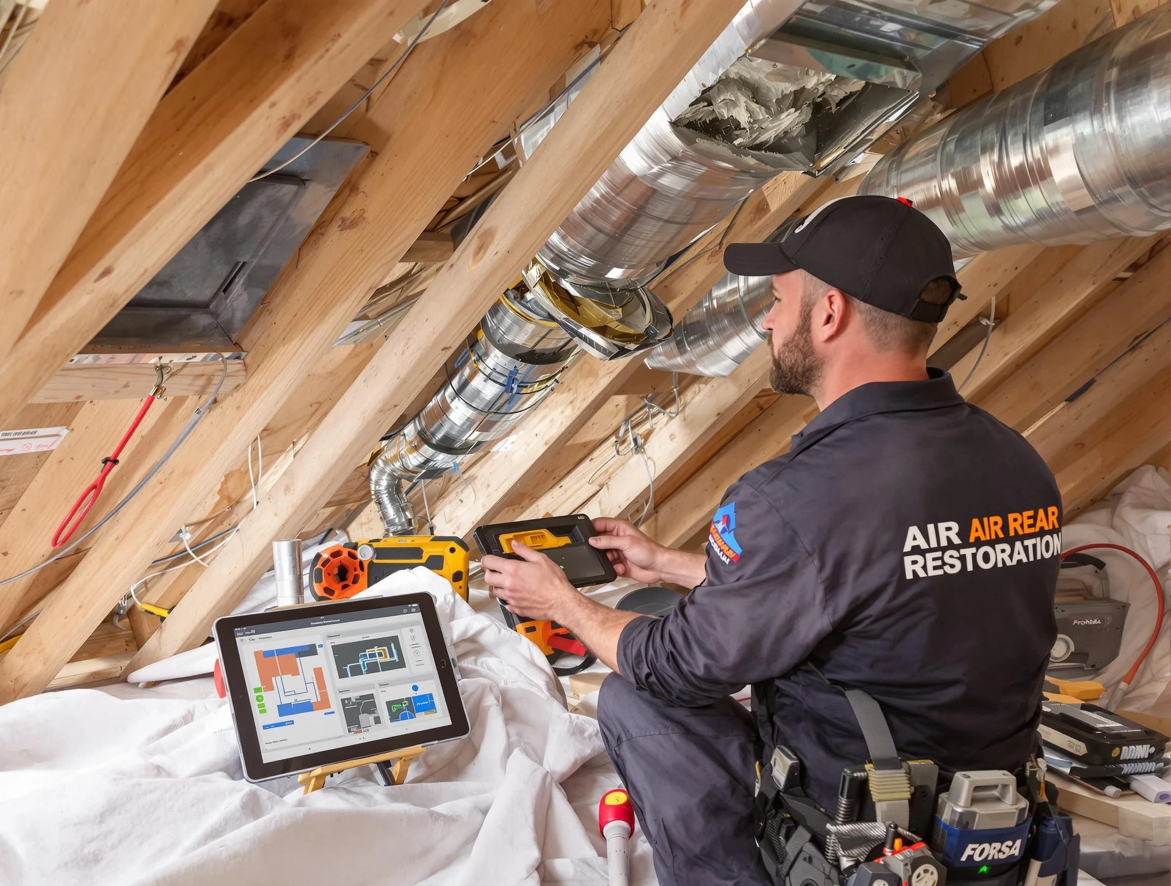 Huntington Beach Air Duct Cleaning technician performing precise duct repair work in Huntington Beach