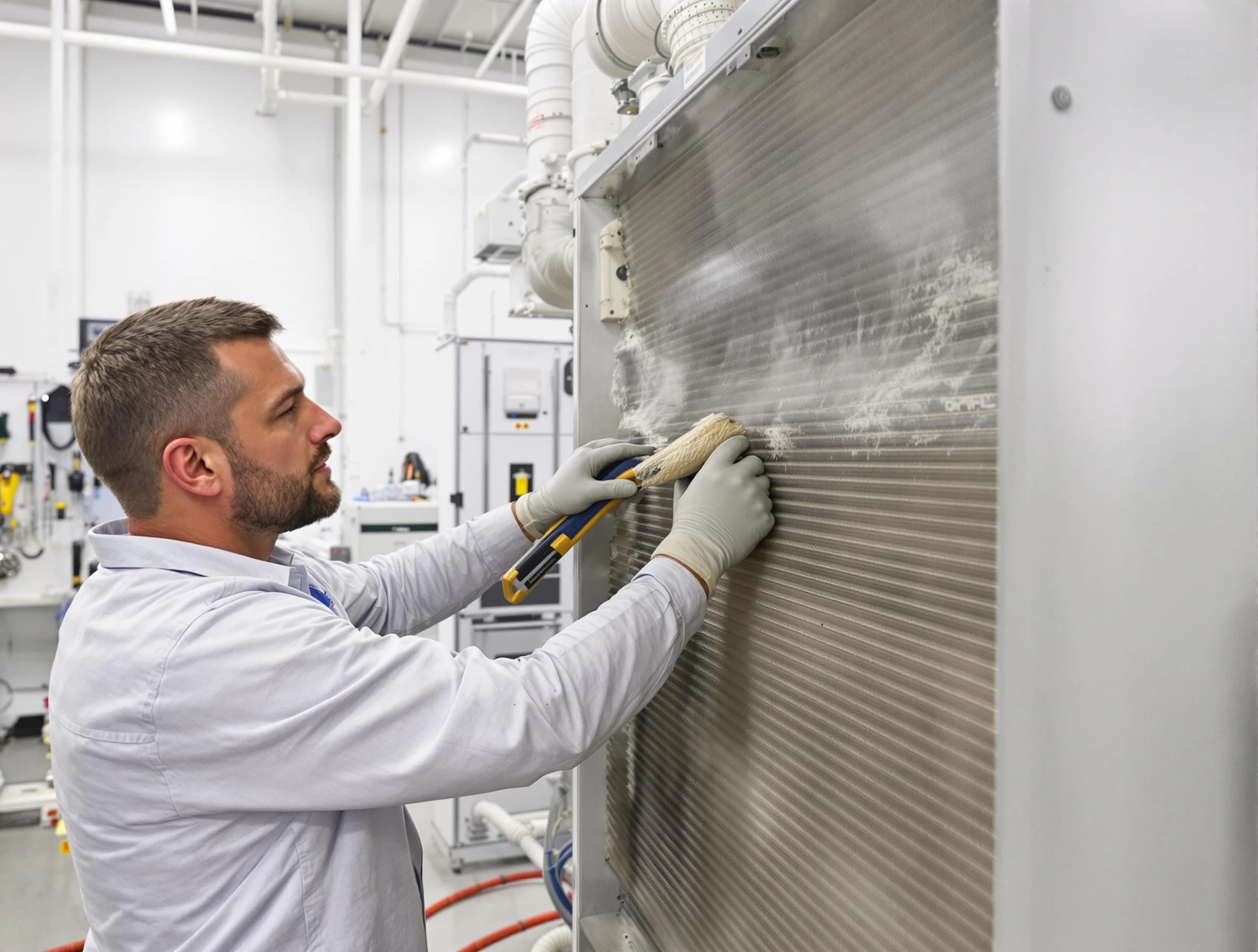 Huntington Beach Air Duct Cleaning technician performing precision commercial coil cleaning at a Huntington Beach business