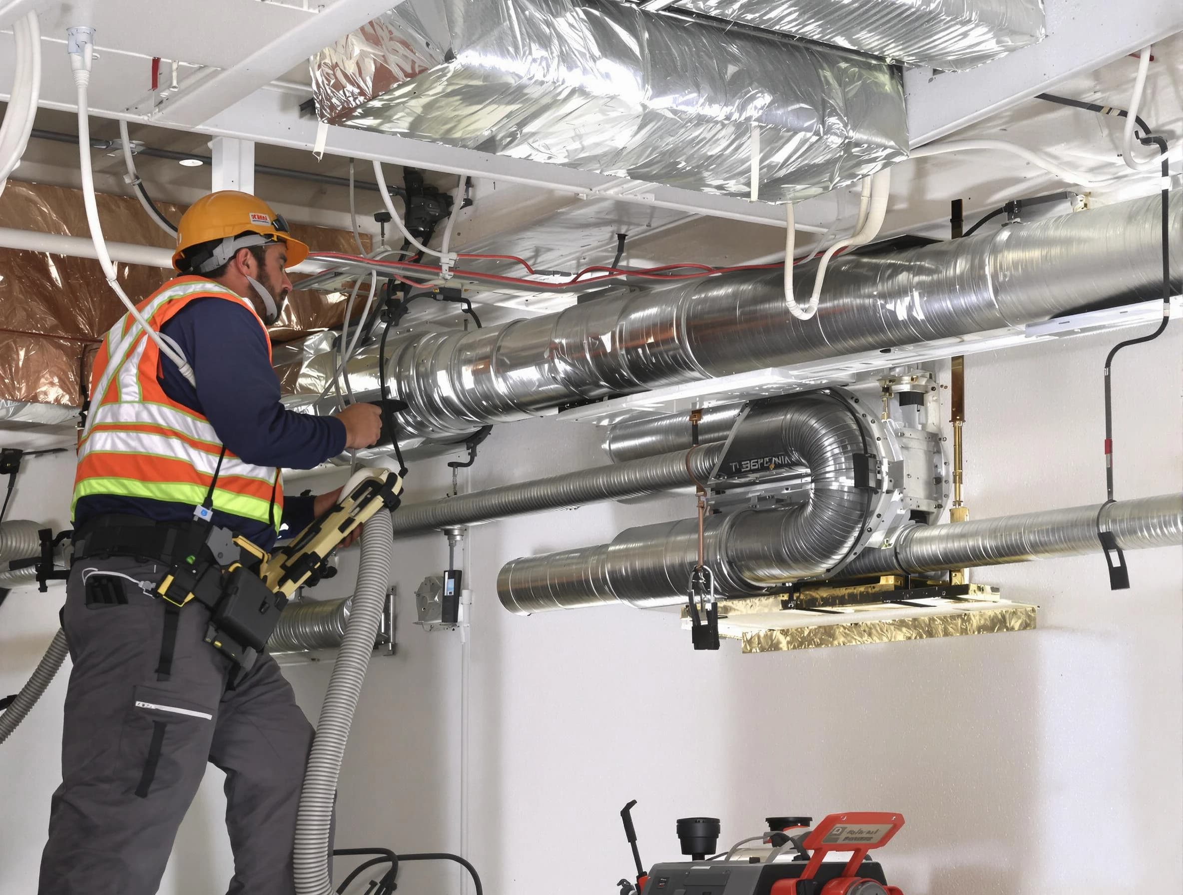 Huntington Beach Air Duct Cleaning technician performing precision vacuum insulation removal in a residential property in Huntington Beach